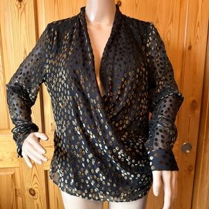 NWOT Donna Karan Velvet Burnout Black Gold Polka Dots Faux Wrap Top Blouse S